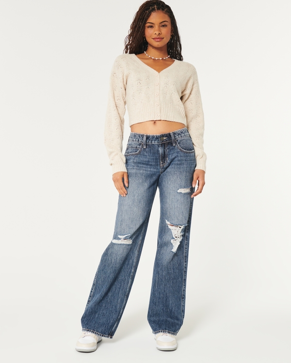 Low-Rise Dark Wash Ripped Baggy Jeans, Dark Medium Ripped Wash