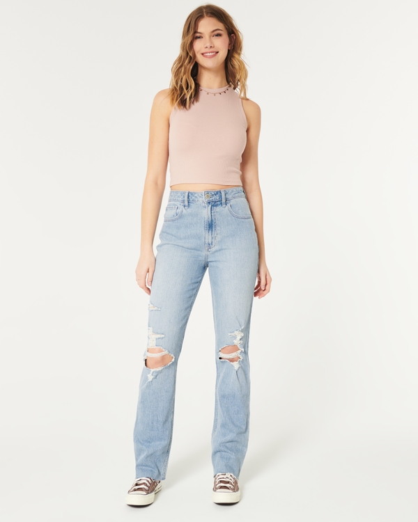 Ultra High-Rise Medium Wash Ripped 90s Straight Jeans, Light Ripped Wash