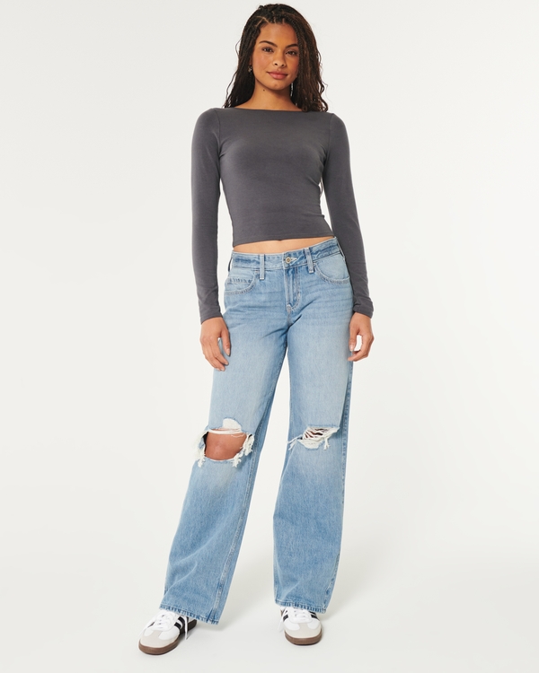 Low-Rise Light Wash Ripped Baggy Jeans, Medium Ripped Wash