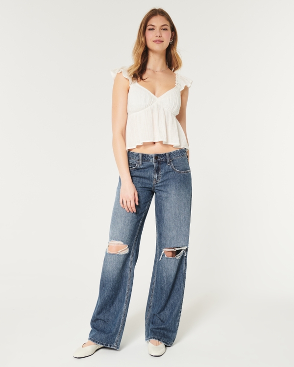 Low-Rise Lightweight Ripped Dark Wash Baggy Jeans, Dark Ripped Wash