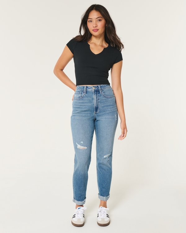 Curvy Ultra High-Rise Ripped Medium Wash Mom Jeans, Medium Ripped