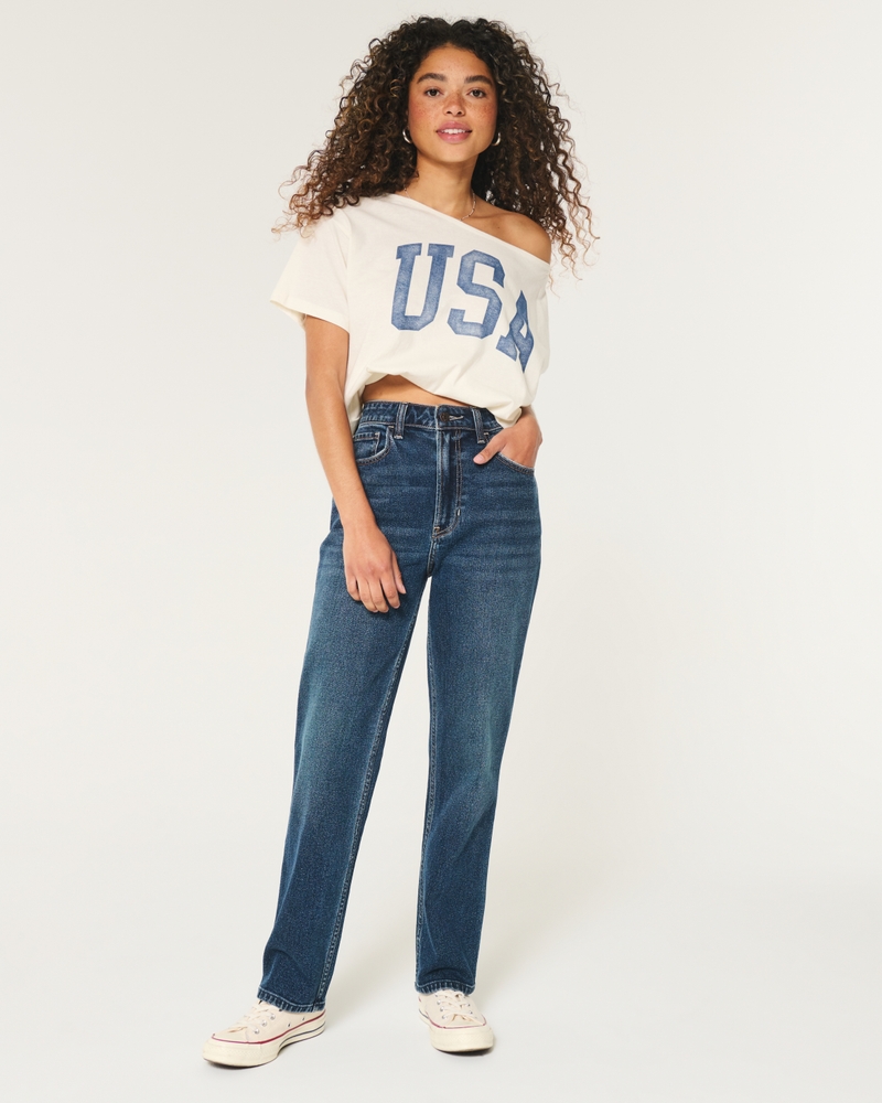 Donna Jeans straight a vita ultra alta con lavaggio scuro anni '90