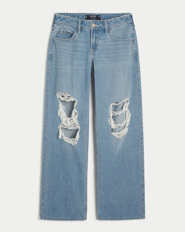 Low-Rise Light Wash Ripped Baggy Jeans, Light Medium Ripped Wash
