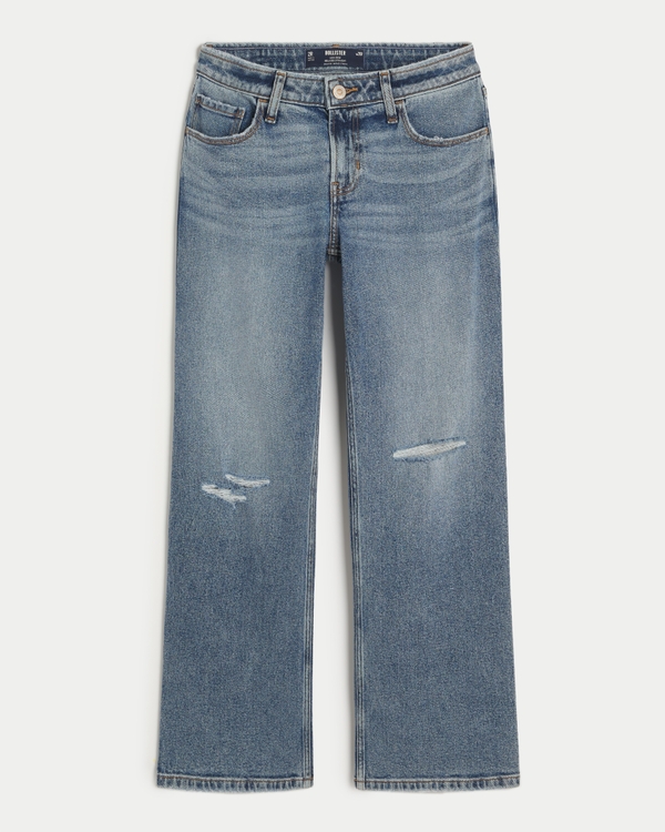 Low-Rise Ripped Medium Wash Relaxed Straight Jeans, Medium Ripped Wash