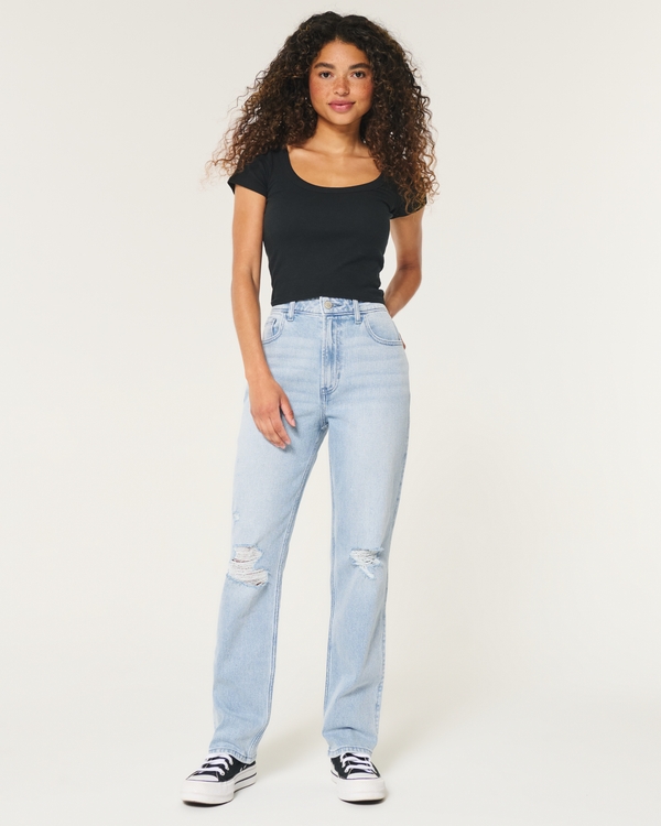 Ultra High-Rise Light Wash Ripped 90s Straight Jeans, Light Destroy