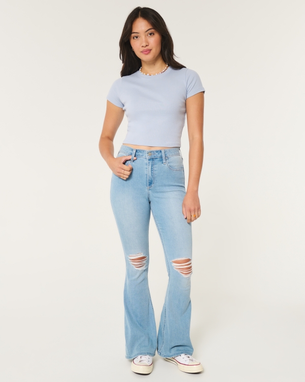 Curvy Ripped Light Wash Flare Jeans, Light Ripped