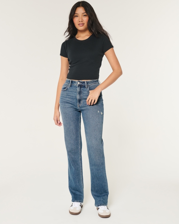 Ultra High-Rise Distressed Medium Wash 90s Straight Jeans, Medium Ripped
