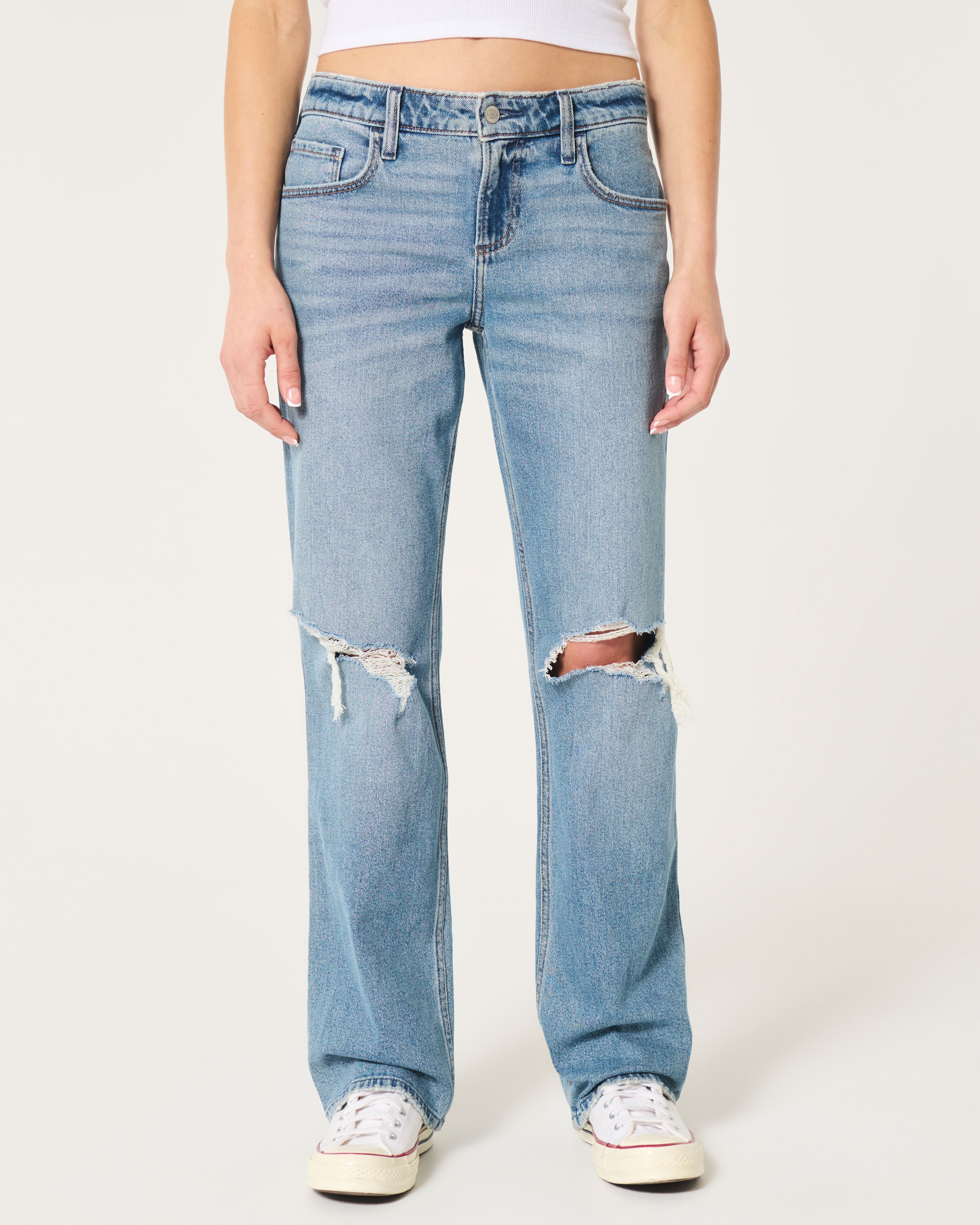 Low-Rise Medium Wash Ripped Relaxed Straight Jeans