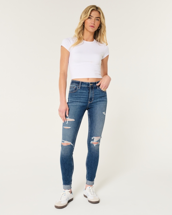 High-Rise Ripped Medium Wash Super Skinny Jeans, Medium Ripped