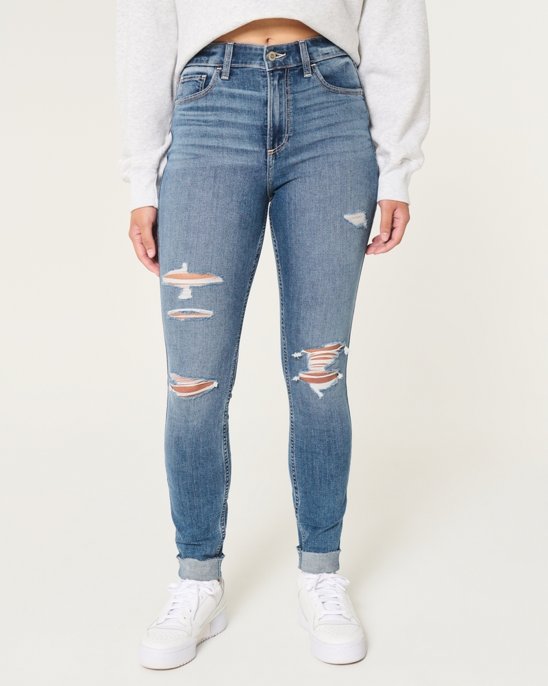 Curvy High-Rise Ripped Medium Wash Super Skinny Jeans