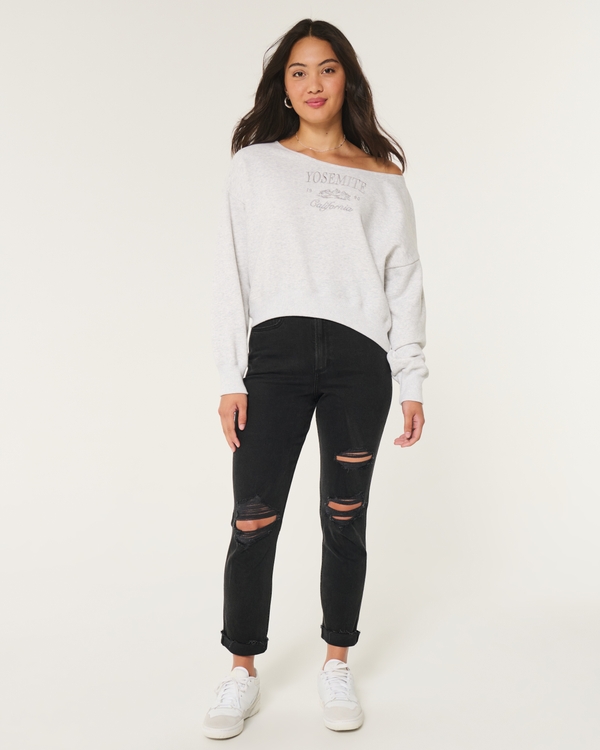 Curvy Ultra High-Rise Ripped Black Mom Jeans, Black Ripped