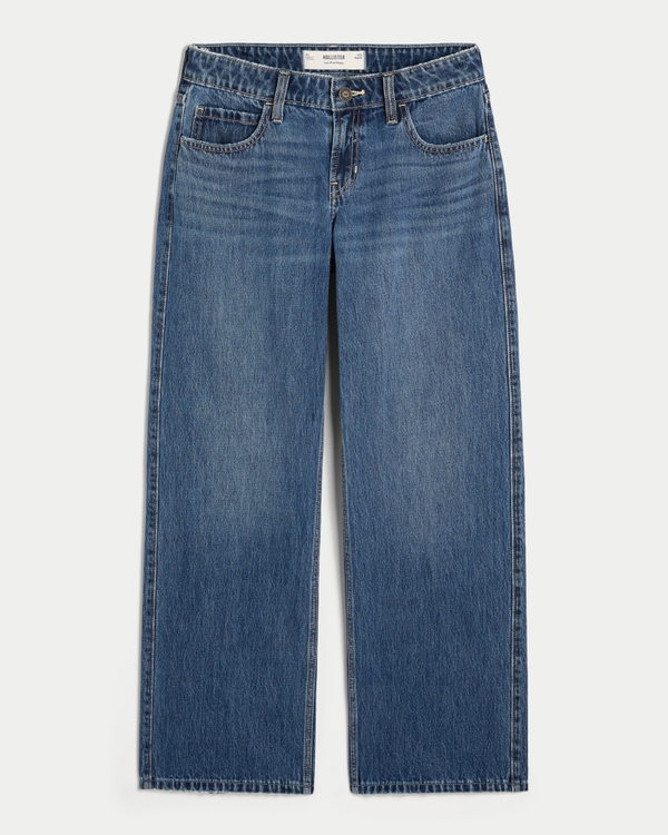 Low-Rise Dark Wash Baggy Jeans, Medium Wash view 1