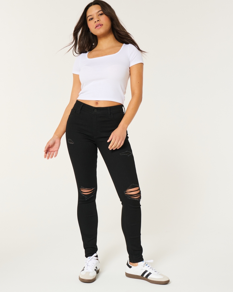 Long Sleeve Black Ripped Skinny Jeans Outfit Ideas Women's High