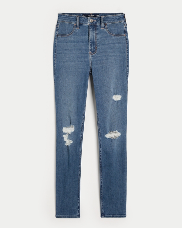 High-Rise Ripped Medium Wash Jean Leggings, Medium Destroy