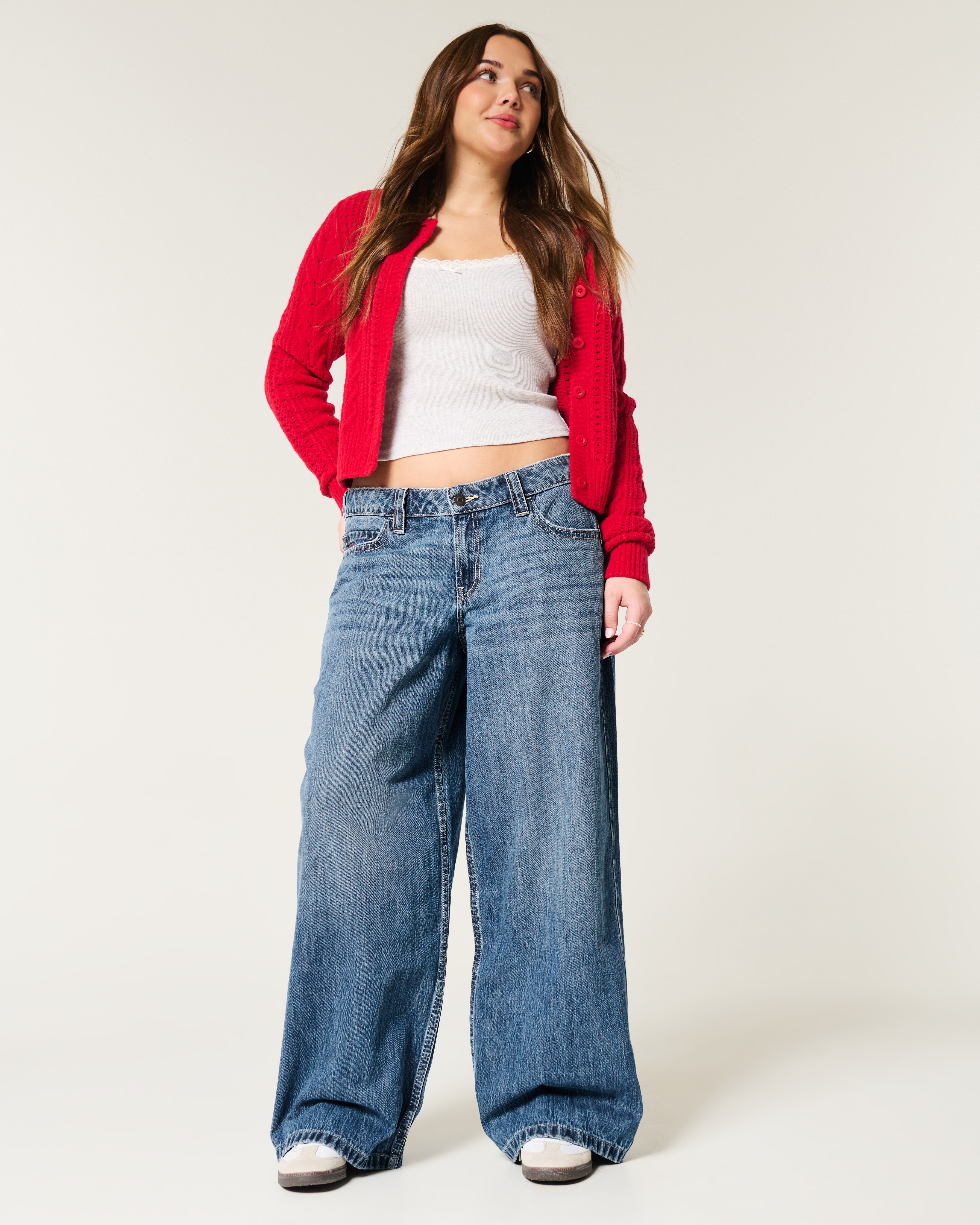 Low-Rise Medium Wash Cherry Embroidered Super Baggy Jeans