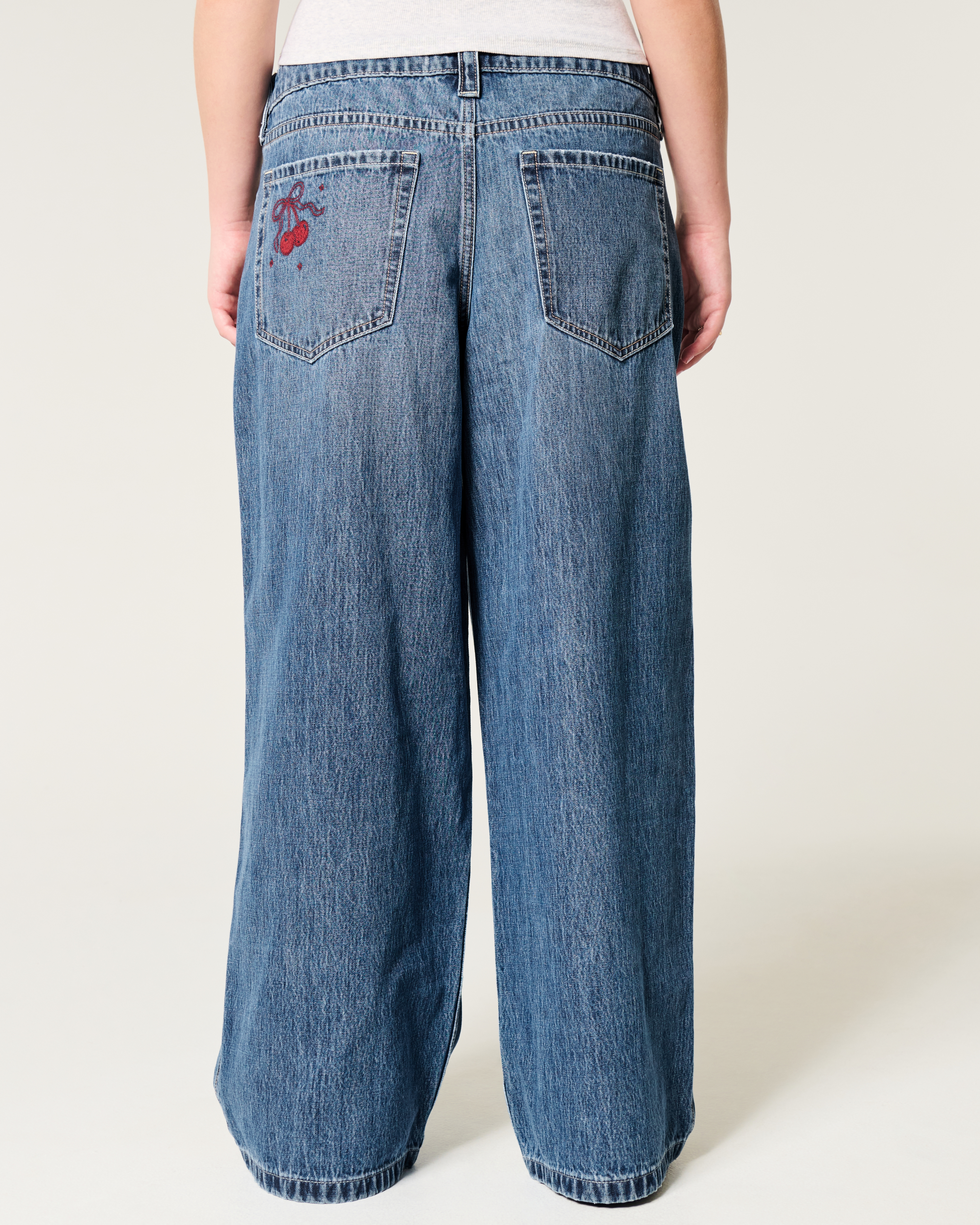 Low-Rise Medium Wash Cherry Embroidered Super Baggy Jeans