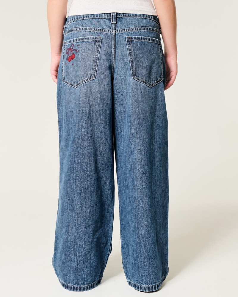 Low-Rise Medium Wash Cherry Embroidered Super Baggy Jeans