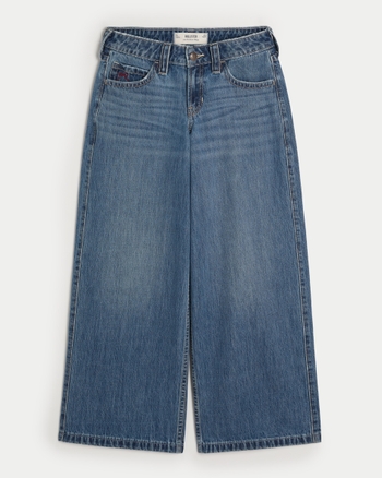 Women's Low-Rise Medium Wash Cherry Embroidered Super Baggy Jeans | Women's Bottoms | HollisterCo.com