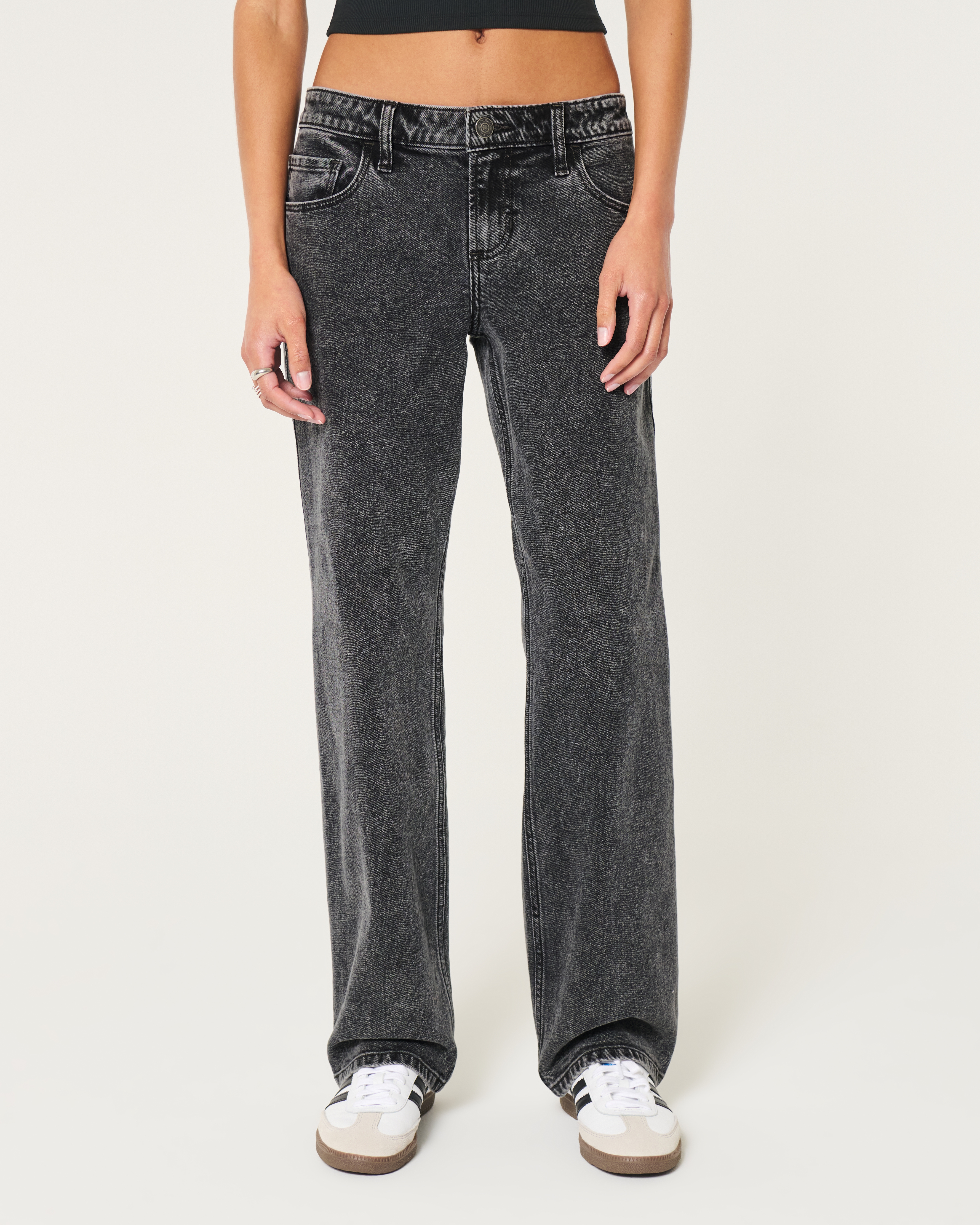 Women's Low-Rise Washed Black Relaxed Straight Jeans