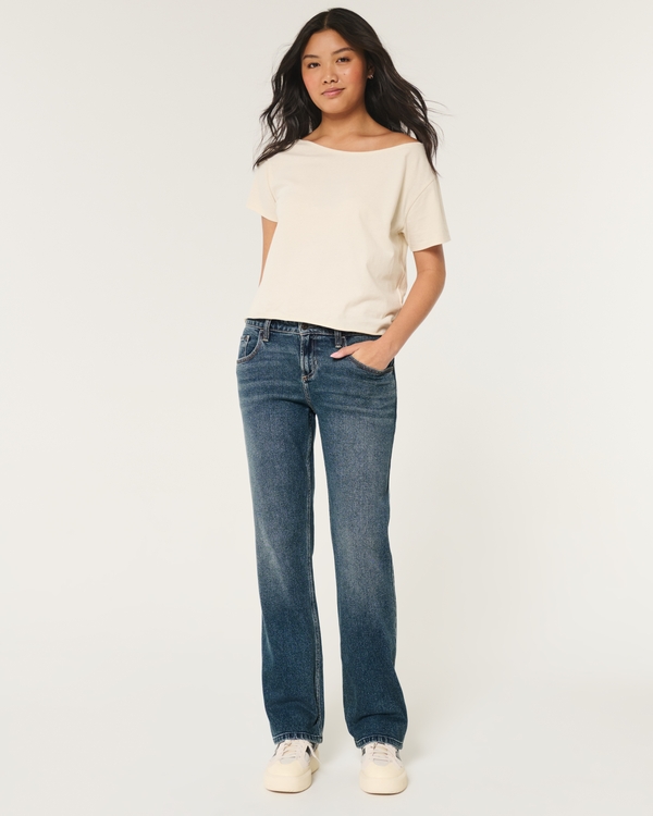 Low-Rise Dark Wash Relaxed Straight Jeans, Dark