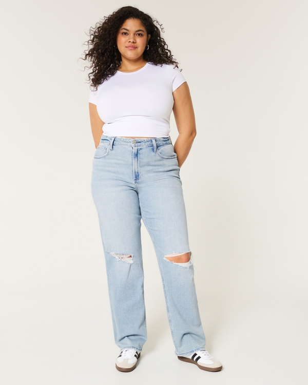 Curvy Ultra High-Rise Ripped Light Wash Dad Jeans, Medium Ripped