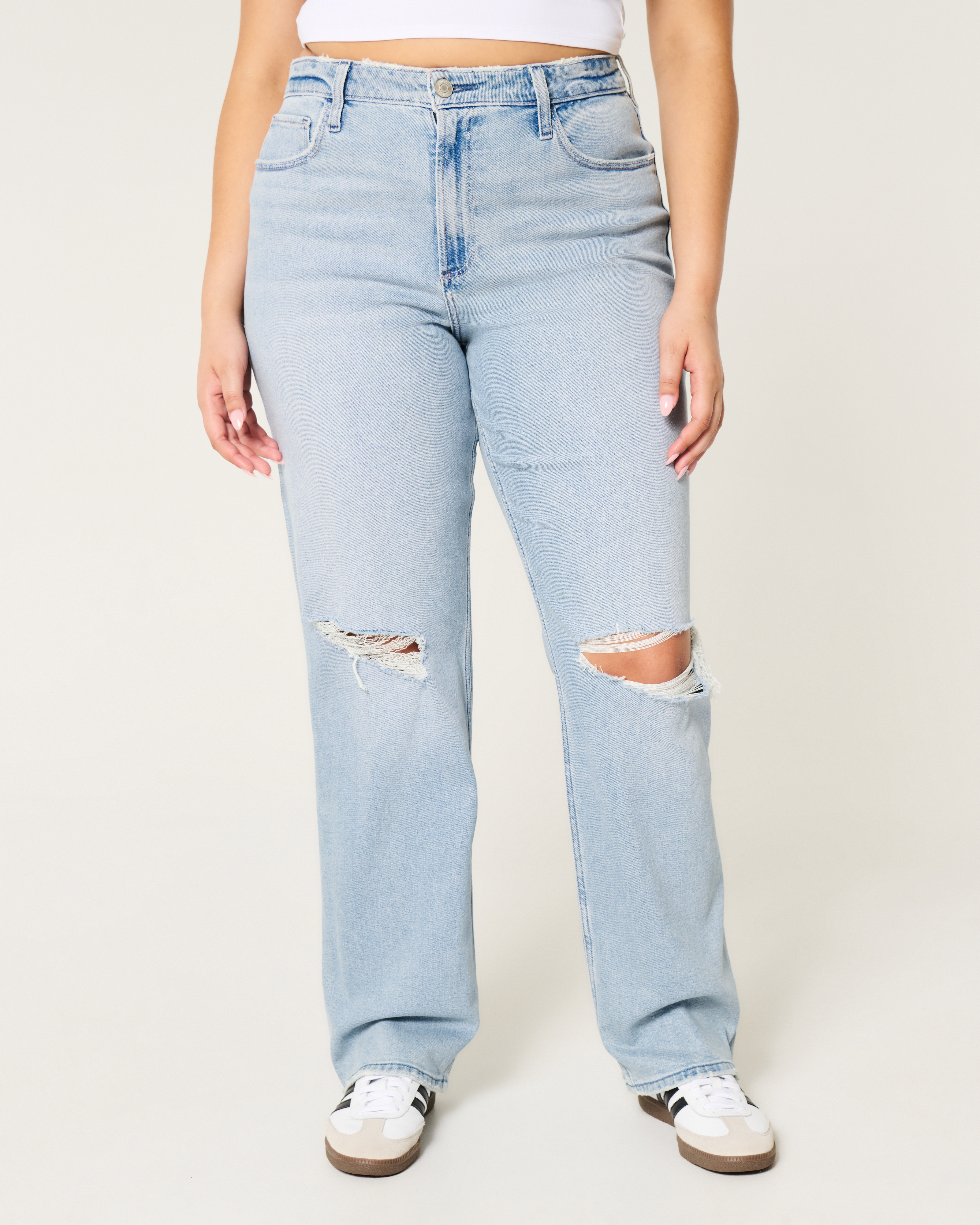 Curvy Ultra High-Rise Ripped Light Wash Dad Jeans