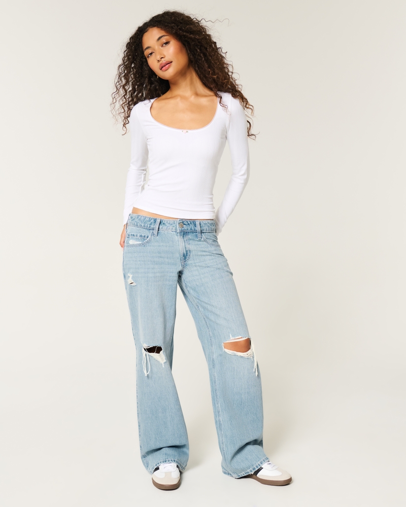 Women's Low-Rise Ripped Light Wash Baggy Jeans Women's Clearance