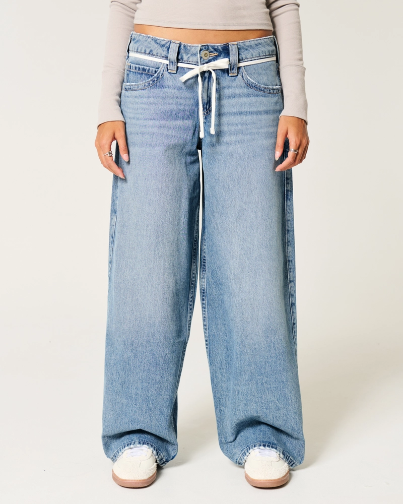 Low-Rise Medium Wash Shoelace Super Baggy Jeans
