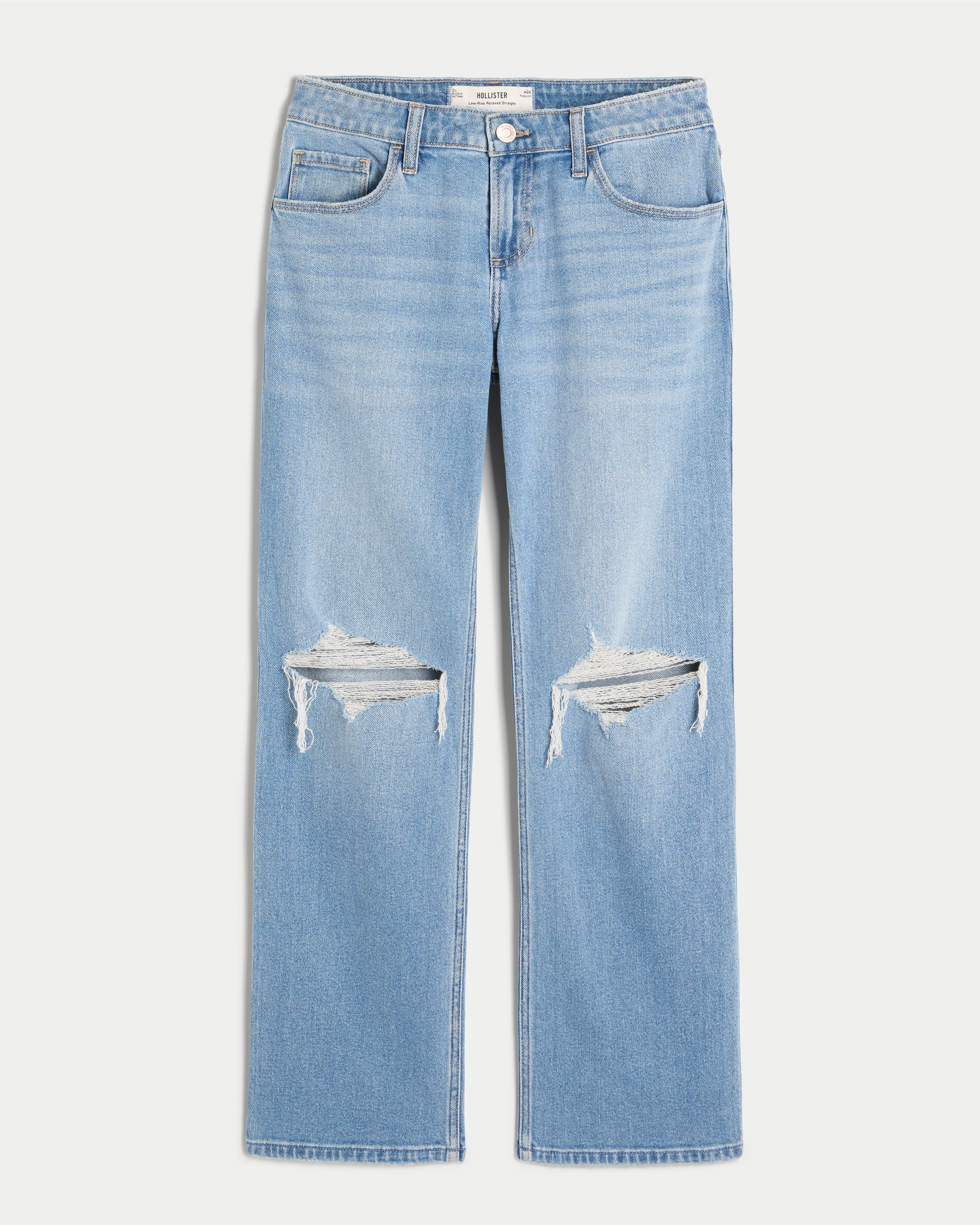 Low-Rise Ripped Medium Wash Relaxed Straight Jeans