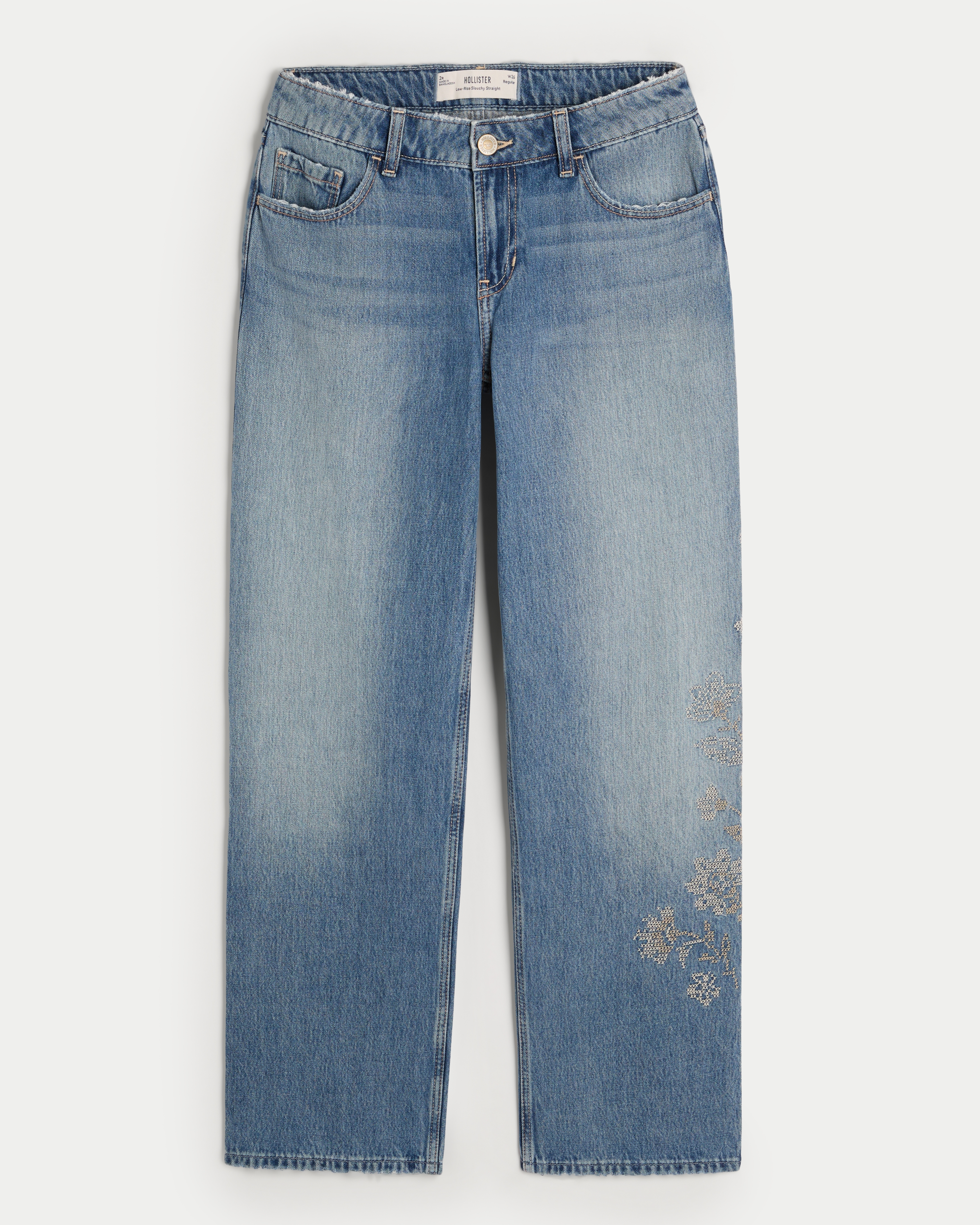 Women s Low Rise Medium Wash Embroidered Slouchy Straight Jeans in Medium Size 00 R 0 R 24W from Hollister