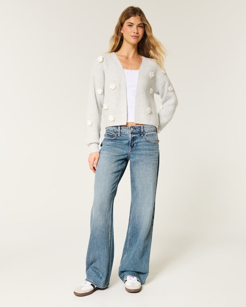 Low-Rise Floral Embroidered Medium Wash Baggy Jeans
