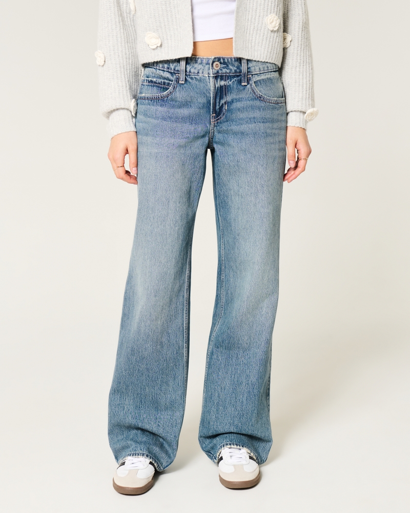 Low-Rise Floral Embroidered Medium Wash Baggy Jeans