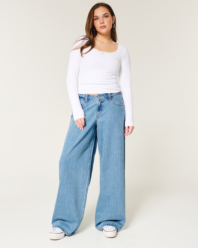 Low-Rise Floral Embroidered Medium Wash Super Baggy Jeans