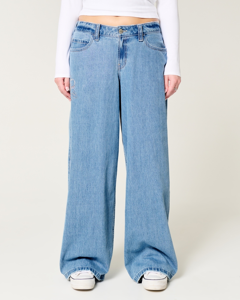 Women's Low-Rise Floral Embroidered Medium Wash Super Baggy Jeans
