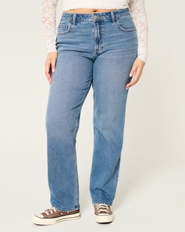 Jeans rectos curvy de tiro alto con lavado medio, Medio view 2