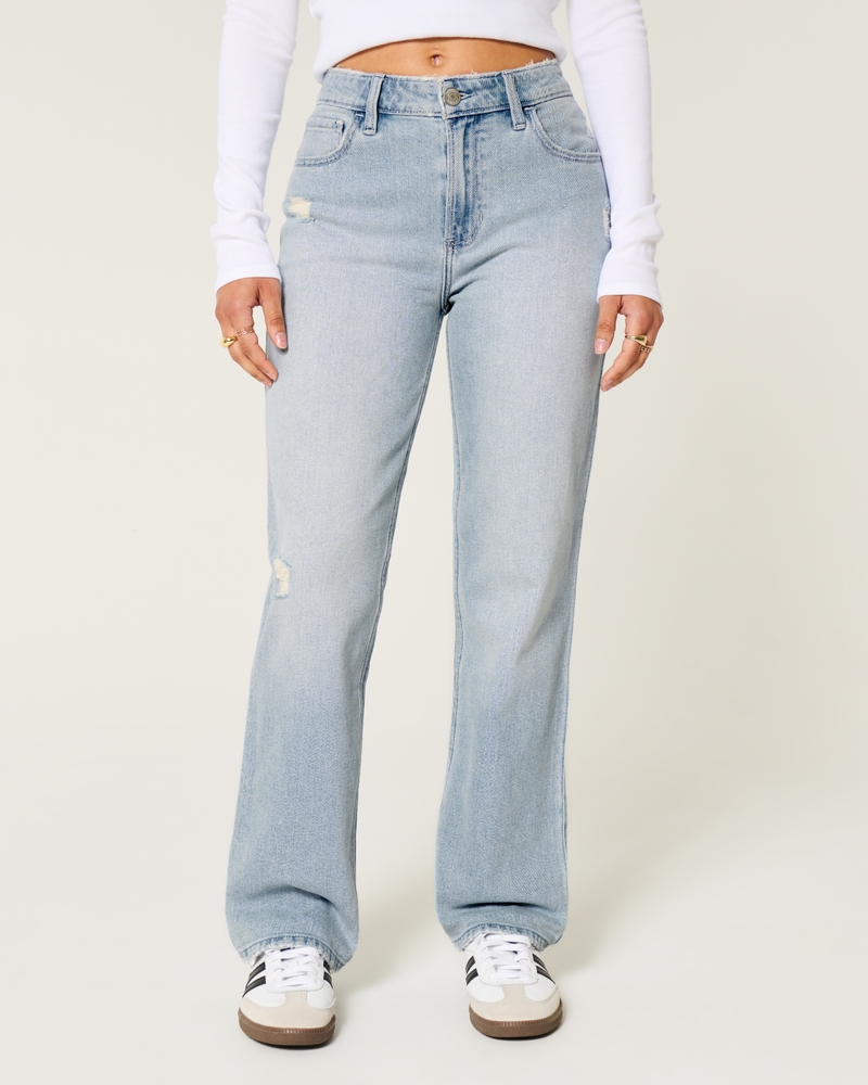 High-Rise Distressed Light Wash Straight Jeans