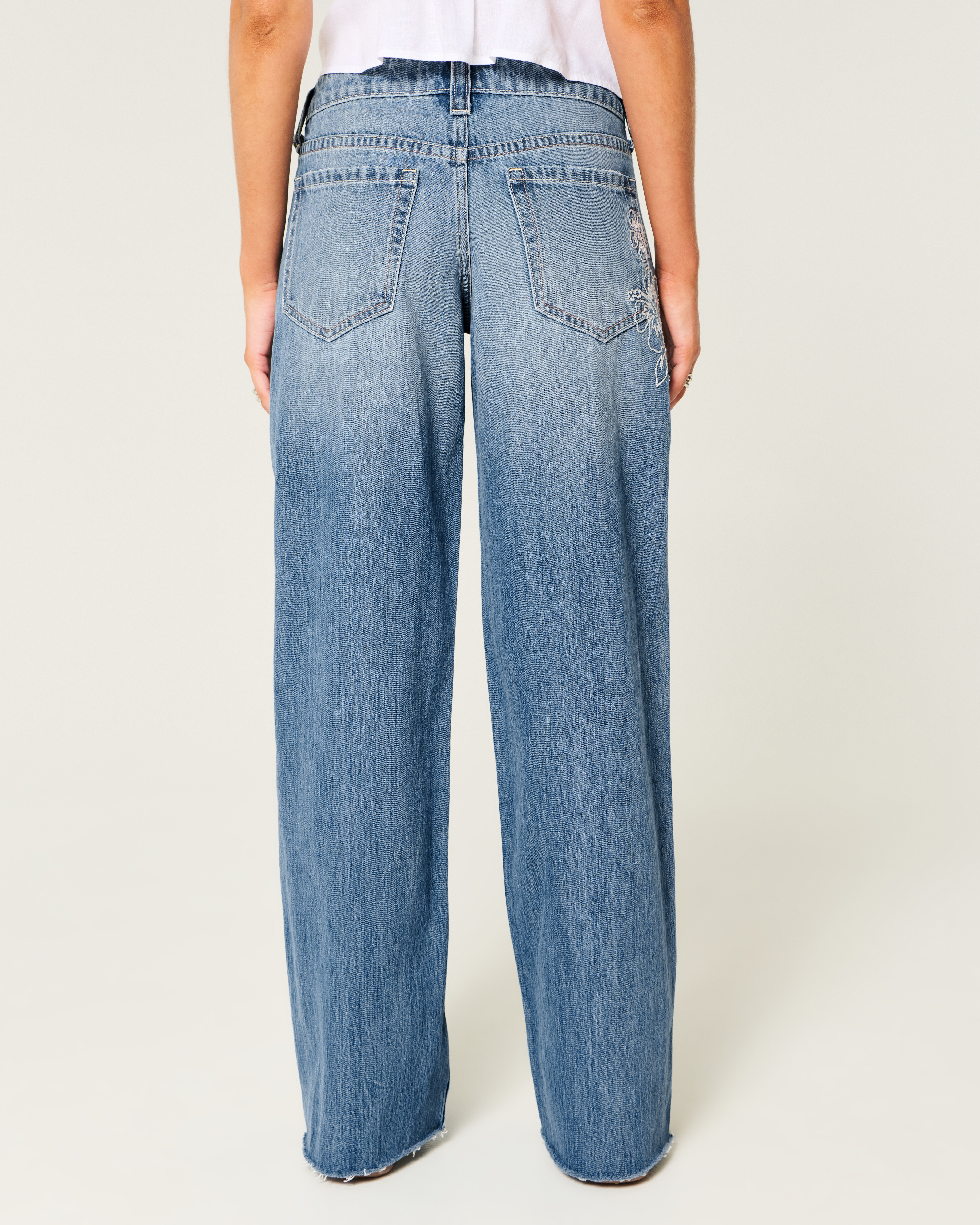 【in a row】Light String Loose Denim Flamingals Wide Leg Low Rise Casual Drawstring Cut Out Denim
