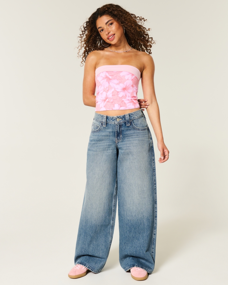 Low-Rise Medium Wash Floral Print Super Baggy Jeans