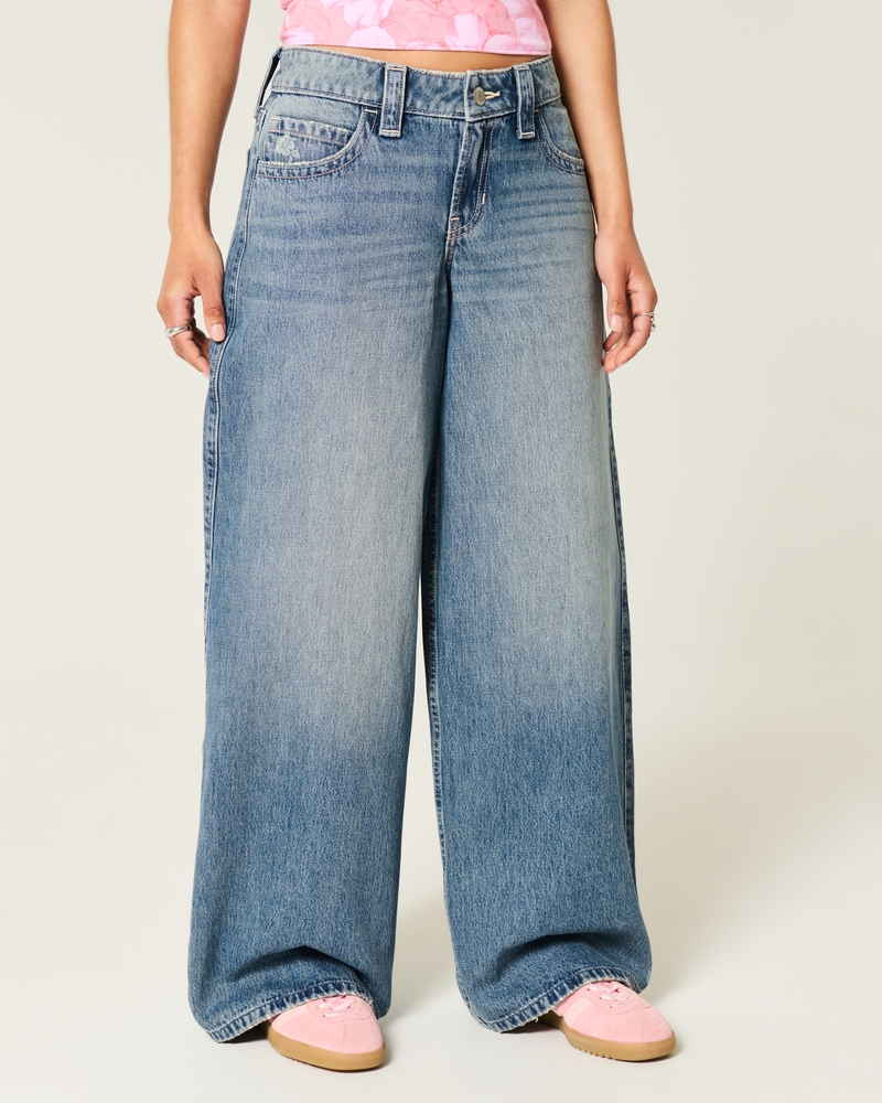 Low-Rise Medium Wash Floral Print Super Baggy Jeans