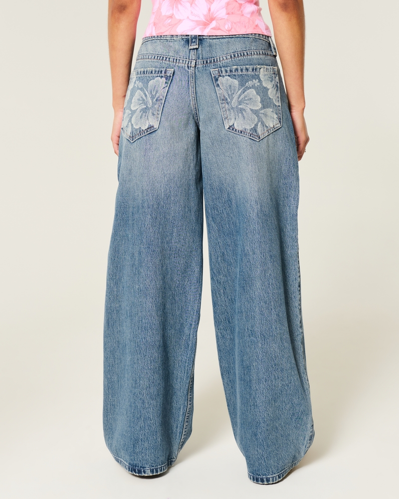 Low-Rise Medium Wash Floral Print Super Baggy Jeans