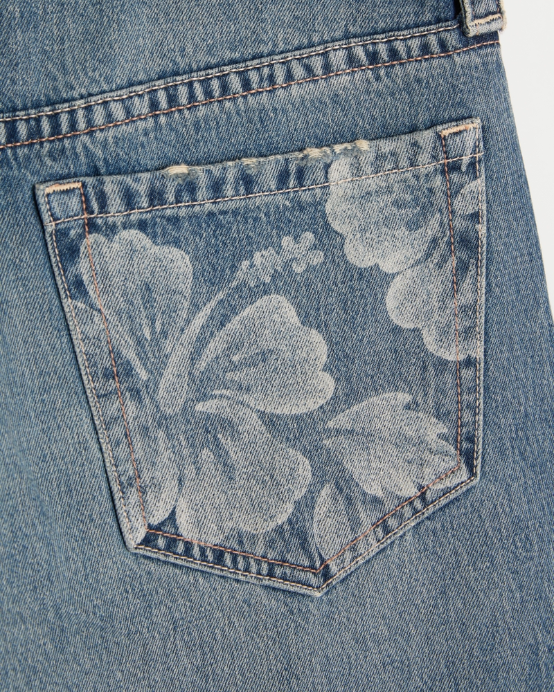 Low-Rise Medium Wash Floral Print Super Baggy Jeans