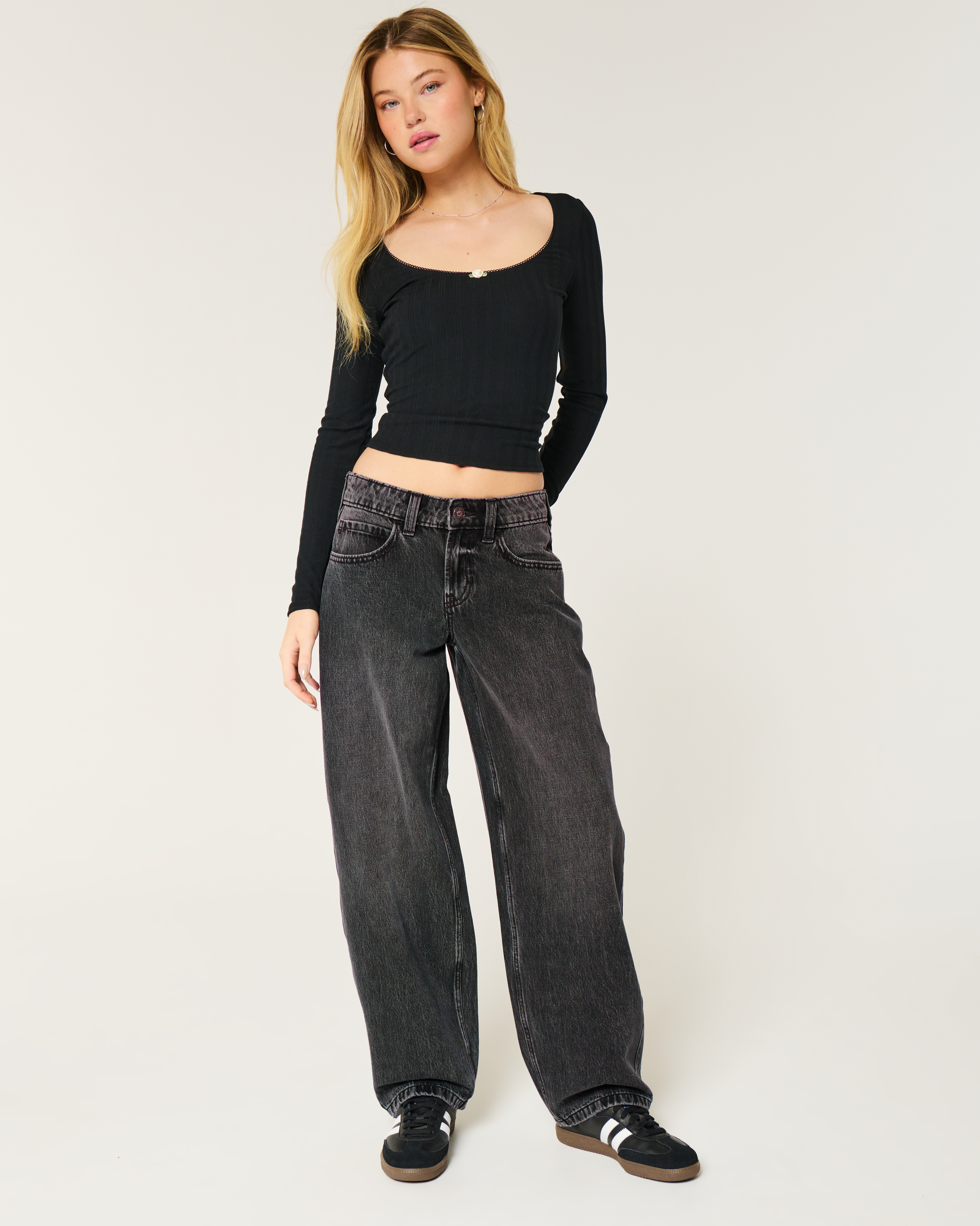 Low-Rise Washed Black Tapered Baggy Jeans