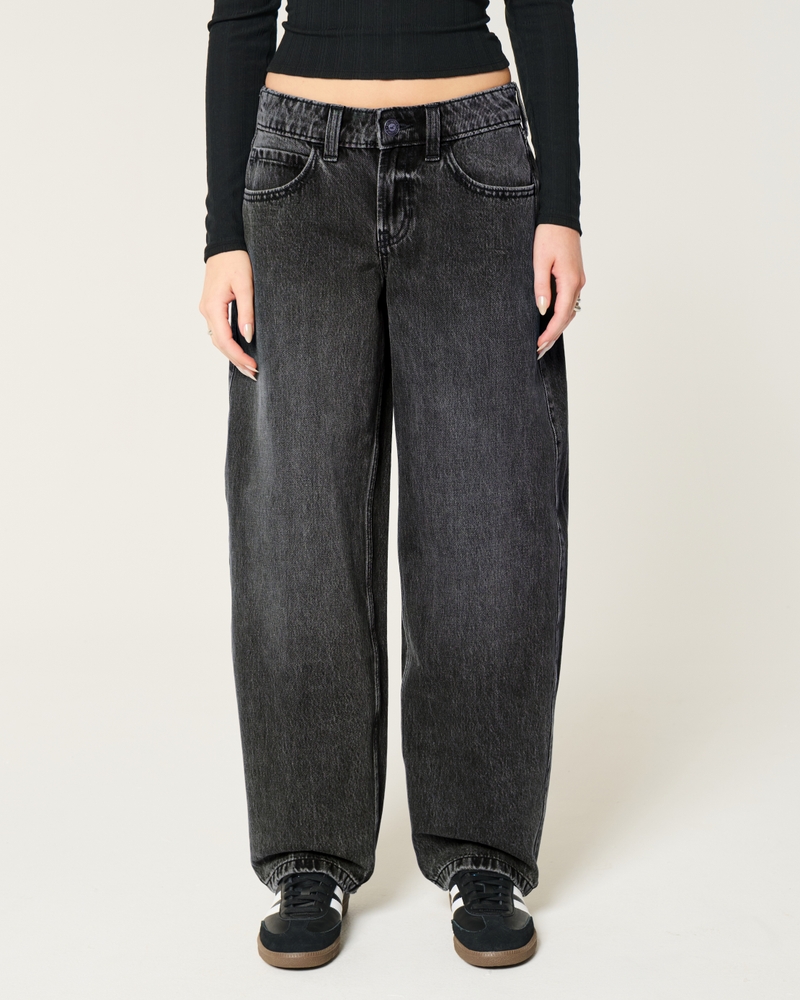 Low-Rise Washed Black Tapered Baggy Jeans