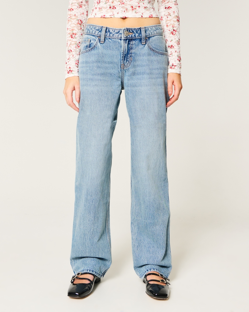 Low-Rise Medium Wash Eyelet Bow Loose Jeans
