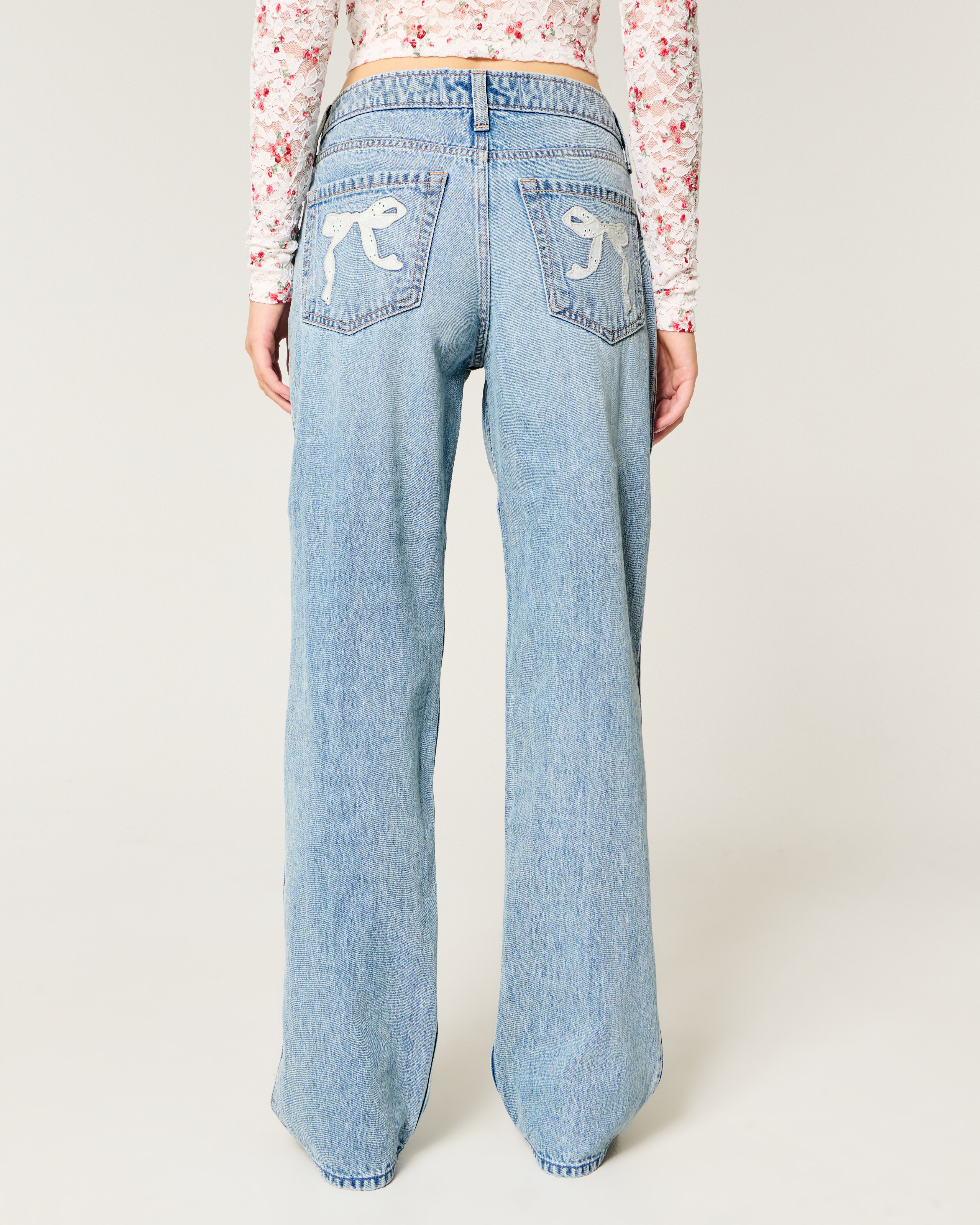 Low-Rise Medium Wash Eyelet Bow Loose Jeans