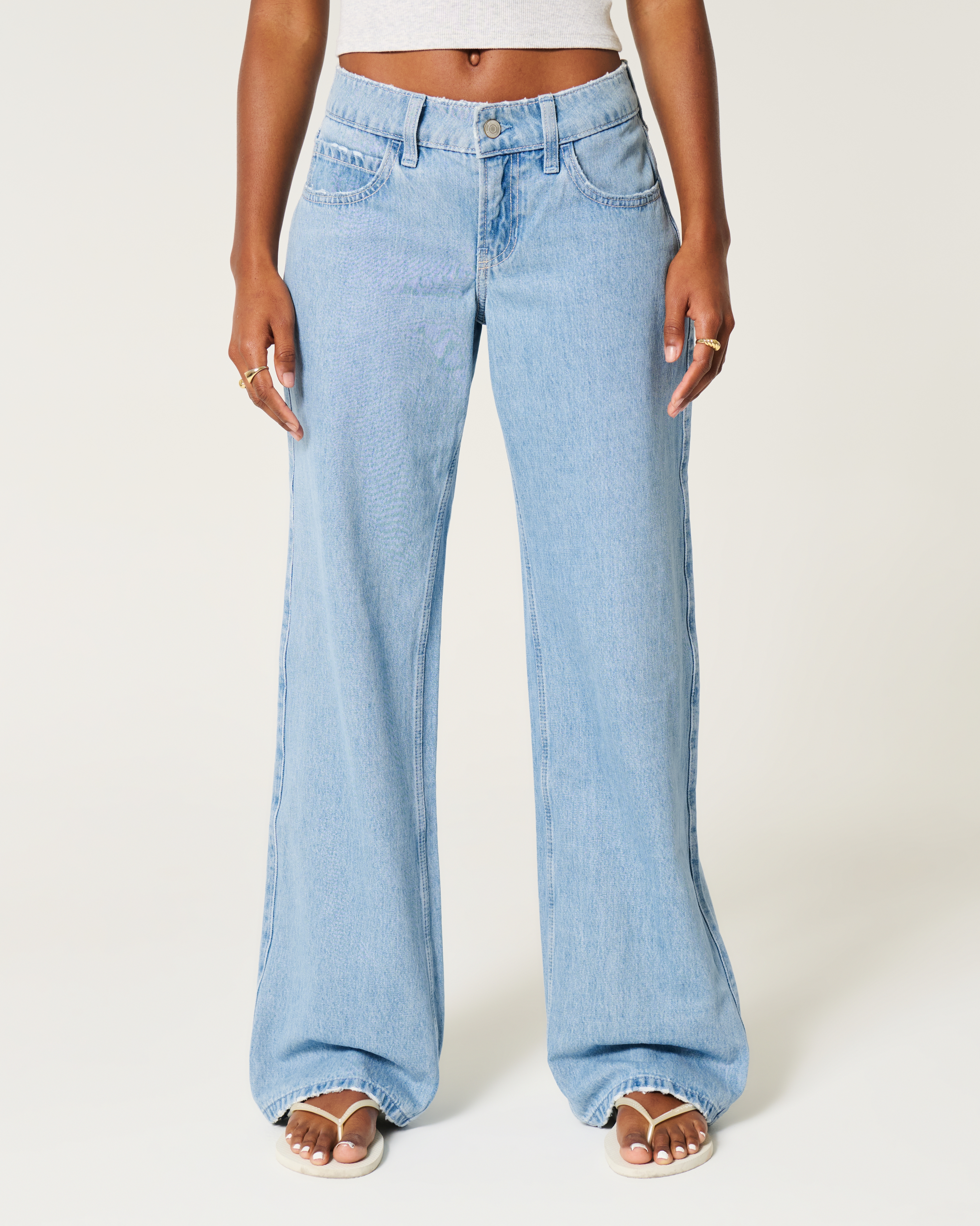 Low-Rise Light Wash Foldover Waist Baggy Jeans