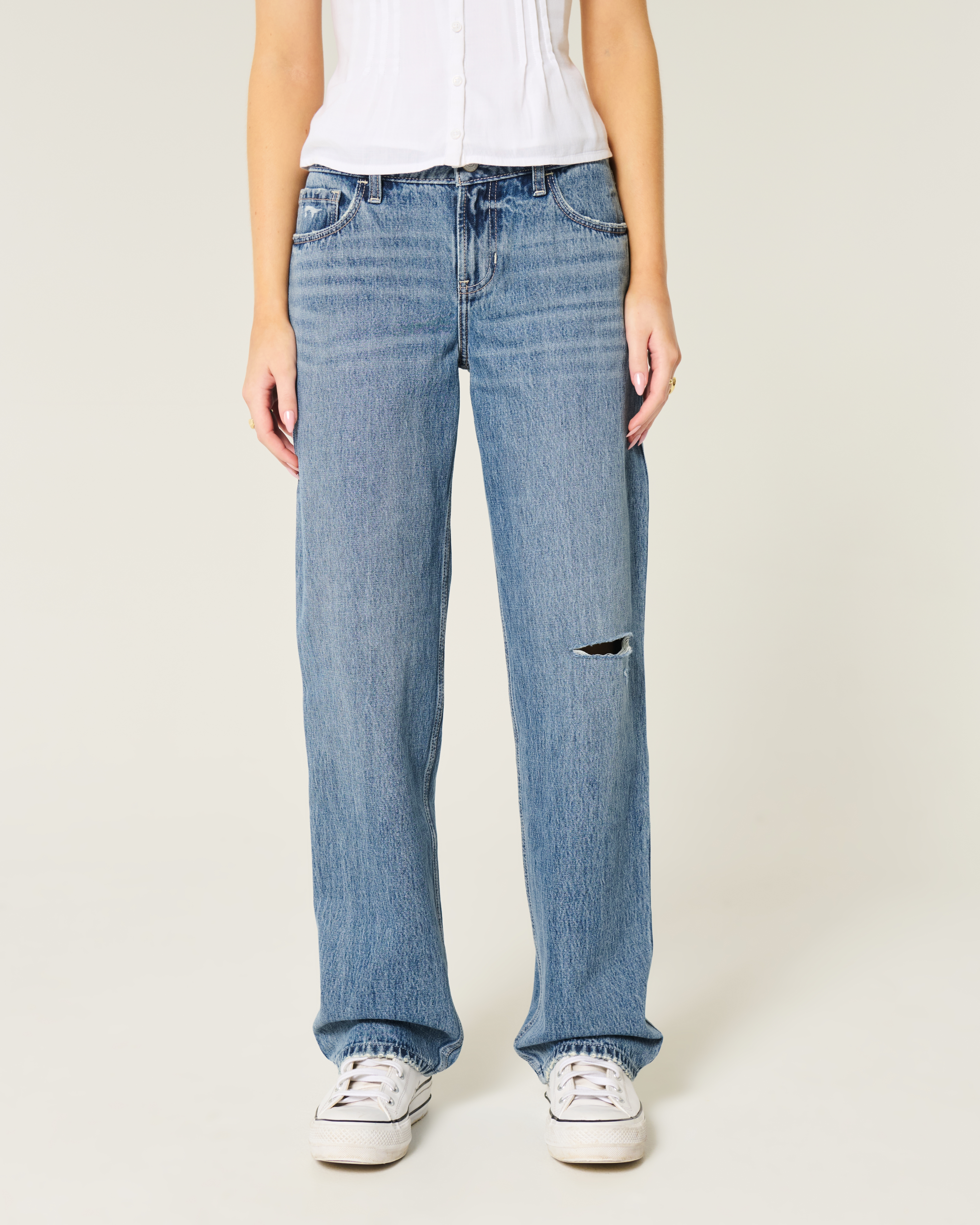 Low-Rise Ripped Medium Wash Loose Jeans