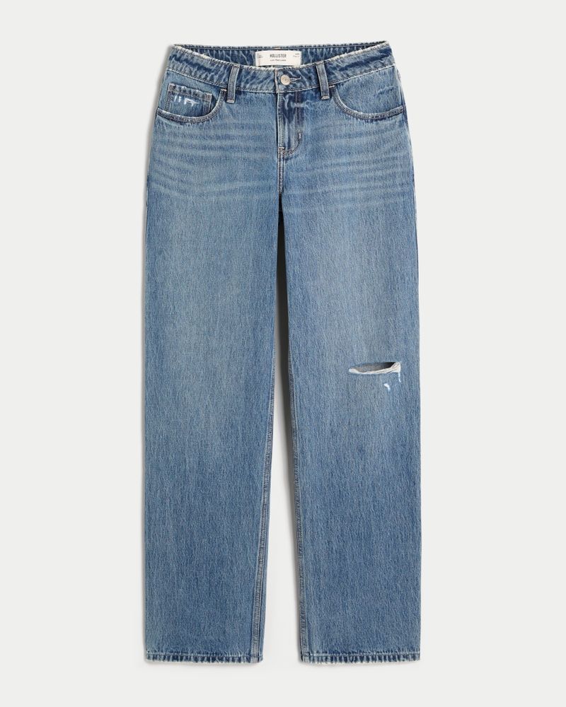 Low-Rise Ripped Medium Wash Loose Jeans