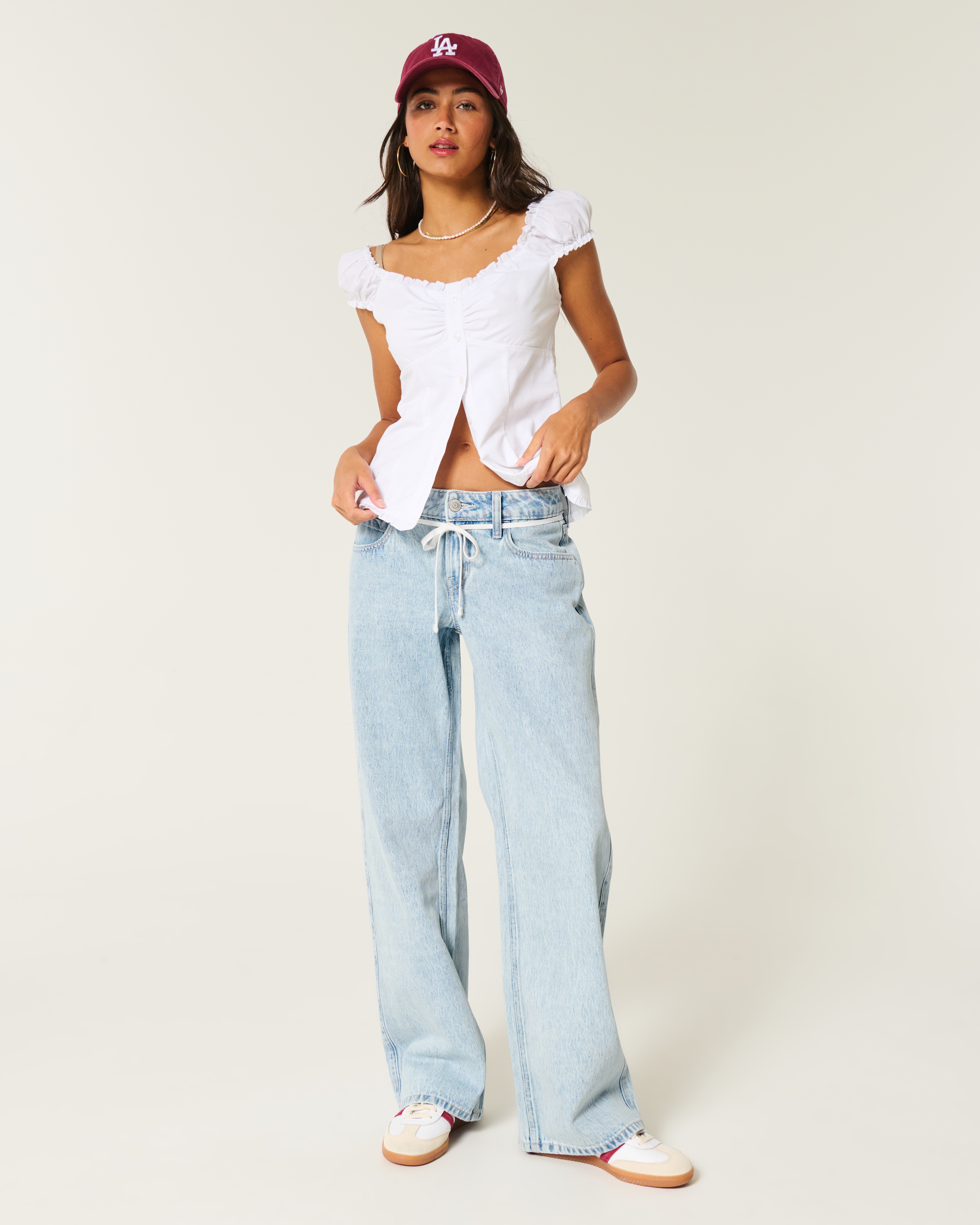 Low-Rise Light Wash Tie-Waist Baggy Jeans