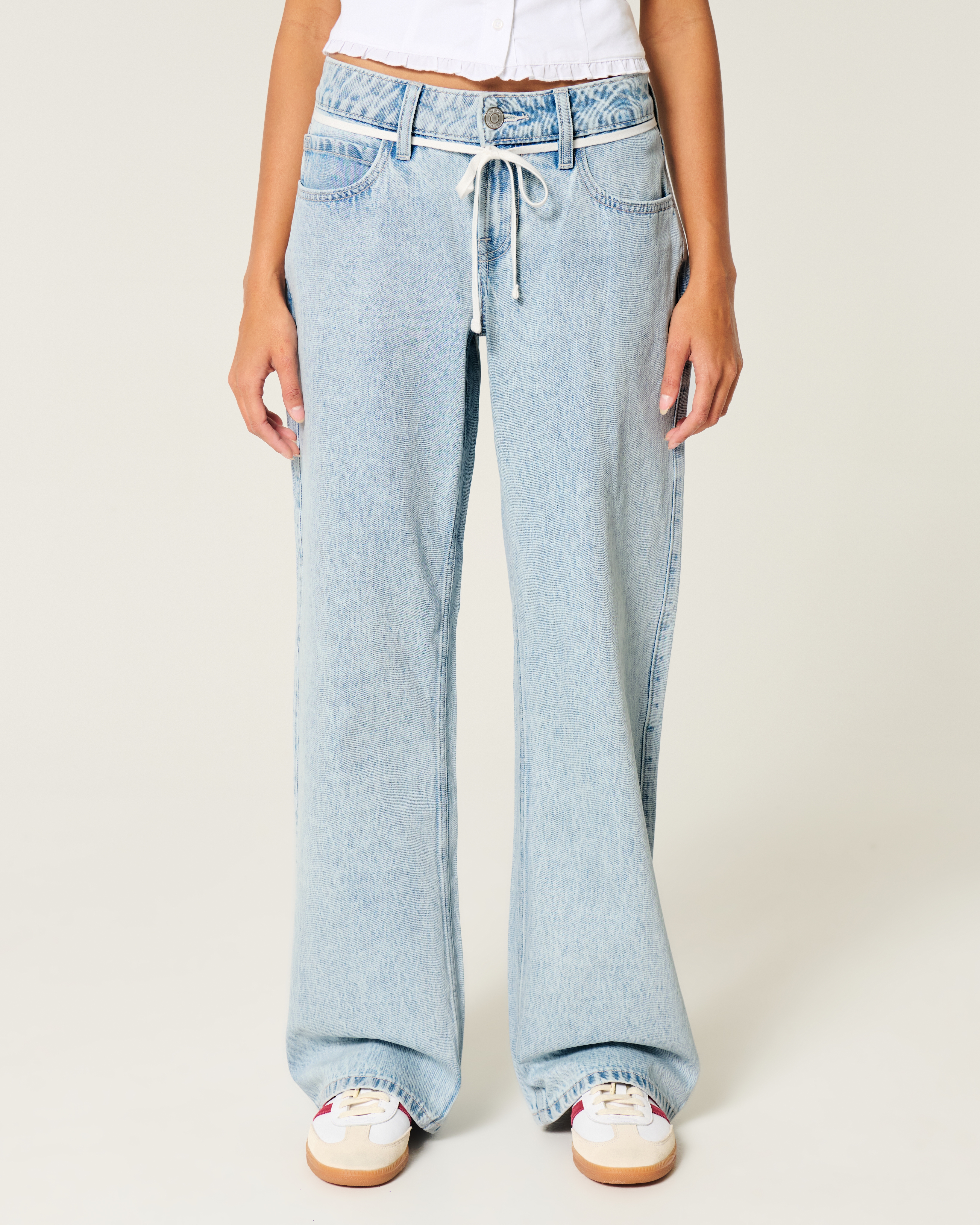 Low-Rise Light Wash Tie-Waist Baggy Jeans
